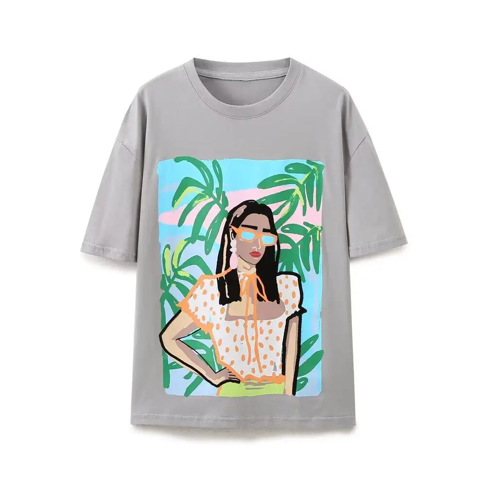 Cartoon Character Gray Women's T-shirt 2026 European Style O-neck Tops Simple Versatile Casual Loose Short Sleeve Pullover