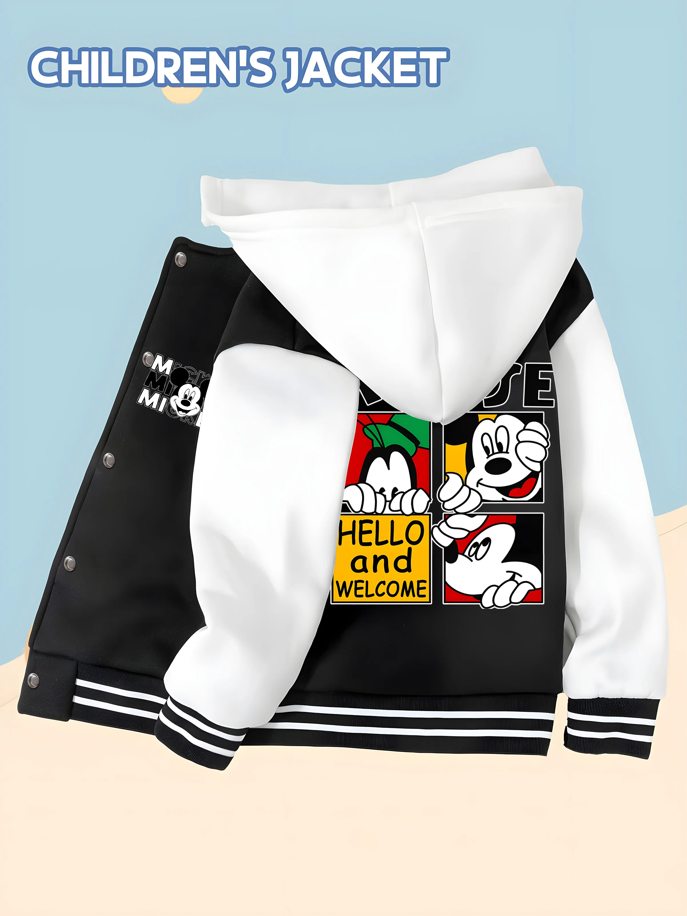 

MINISO Disney Mickey Trendy Baseball Boys' Jacket - Mickey "HELLO" Jigsaw Puzzle, Double-Sided Fashion Print for Versatile Use