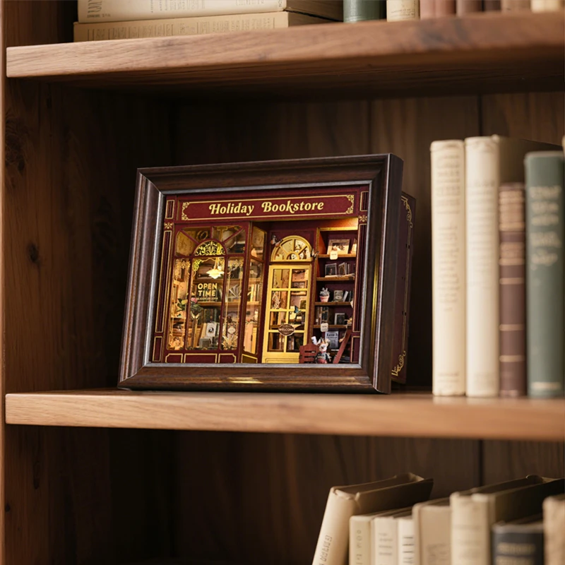 

DIY Wooden Book Nook Kit Miniature Doll House Photo Frame Ornament Bookshelf Insert Retro Booknook Decor For Christmas Gifts