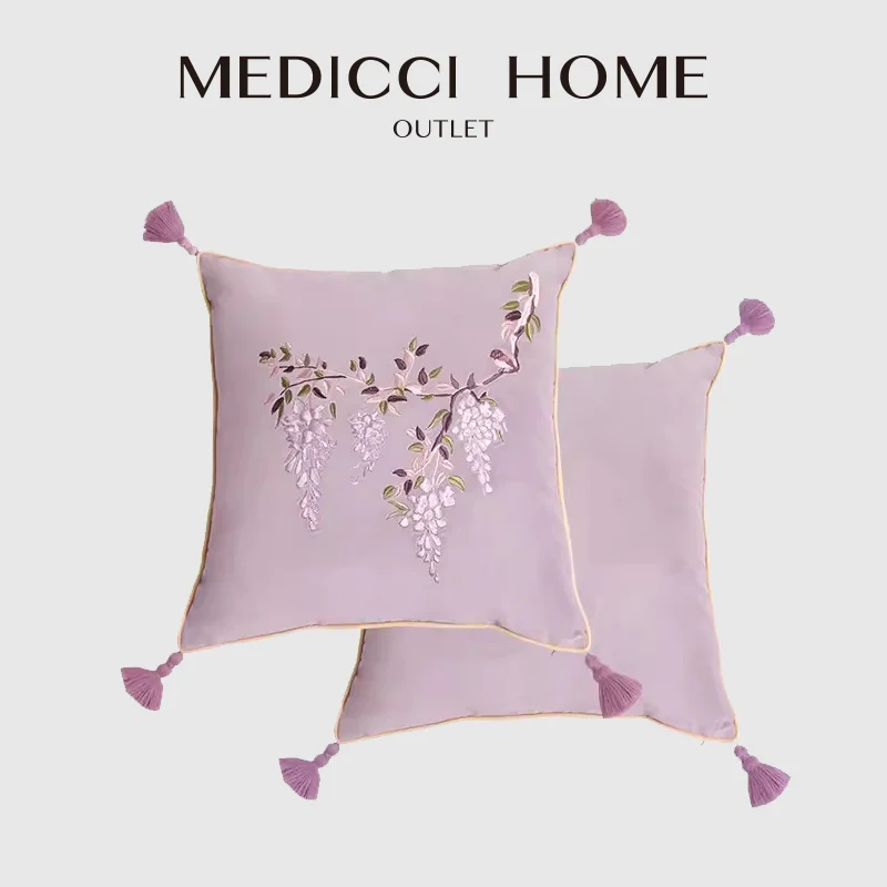 Medicci Home Botanical Vintage Wisteria Plants Heavy Embroidered Throw Pillowcase French Medieval Style Cushion Cover In lavende