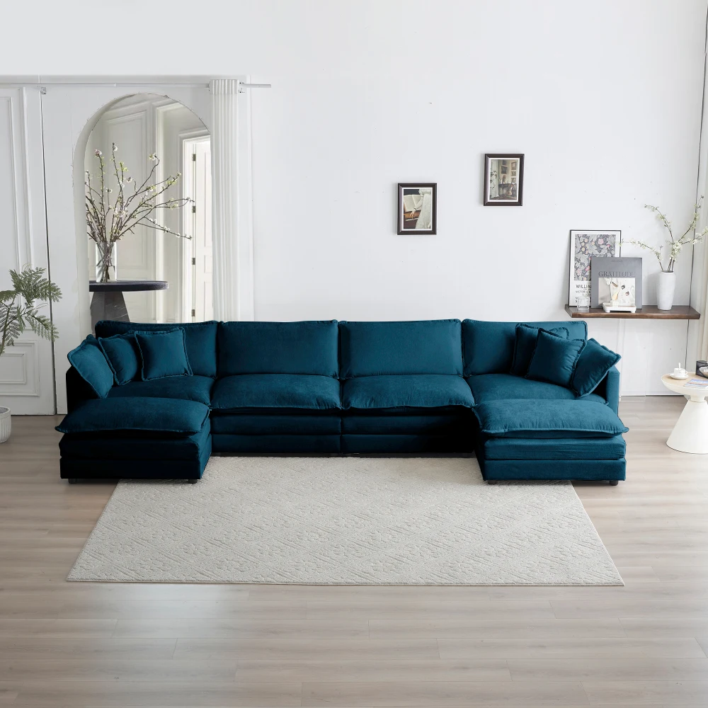 

Comfort U Shaped Couch with Reversible Chaise, Modular Large U-Shape Sectional Sofa, Double Extra Ottomans,Blue Chenille