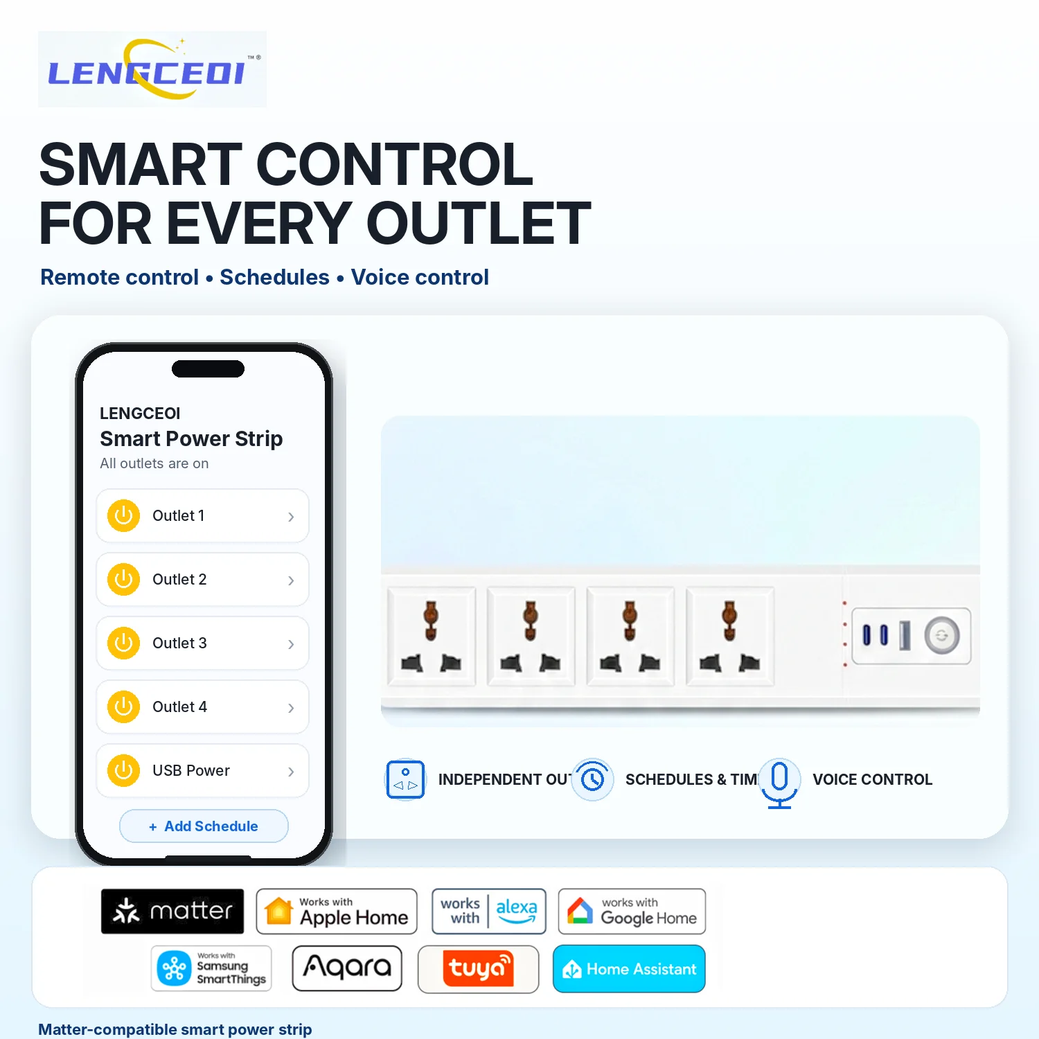 LENGCEOI Matter Smart Power Strip 4 AC Outlets 2 USB-C PD 20W USB-A QC App Remote Control Timer Voice Control