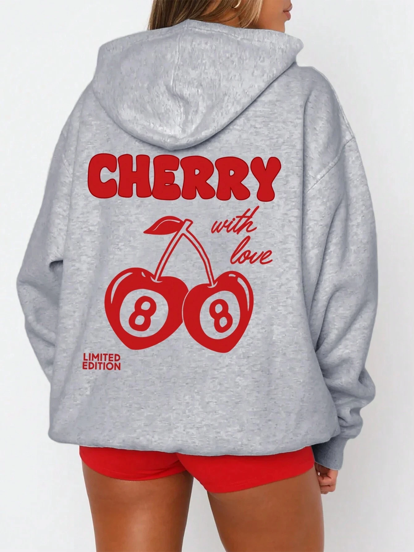 Cherry Print Long-Sleeved Sweater Women Spring Autumn Drawstring Hoodie Casual Vintage Ladies Basic Wear Hooded Tracksuit Tops