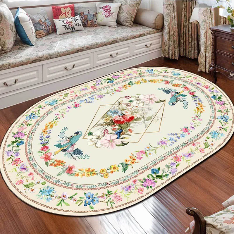 Chinese Carpet Livingroom Flower Bird Pastoral Style Oval Rug Carpet For Bedroom Bedside Area Rug Non-Slip Irregular Shape Rugs