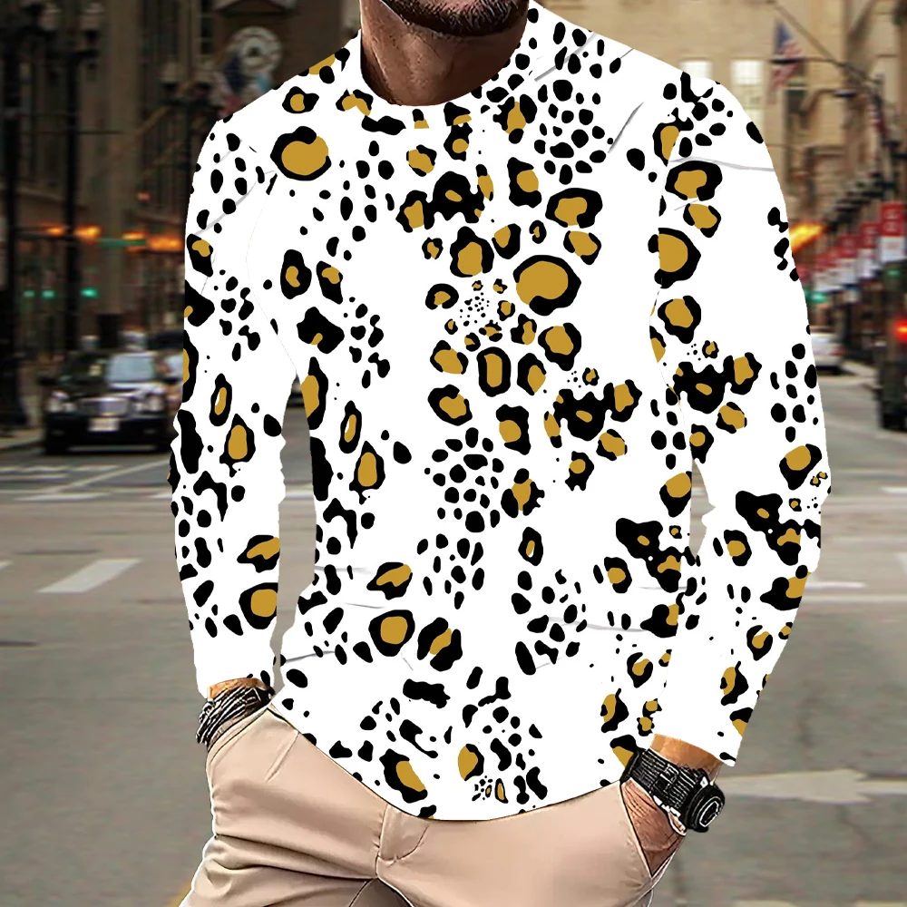 

3D Printing Leopard print Element Pattern Men's Clothes O-neck Breathable Comfortable Long Sleeve T-shirt Dazzling Cool Male Top