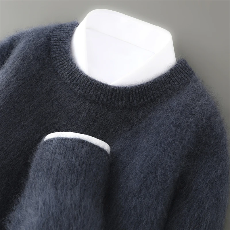 Men's O-Neck Pullover Sweater Fluffing Pure Wool Knit Warm Solid Color Business Bottoming Long Sleeve Top for Autumn Winter