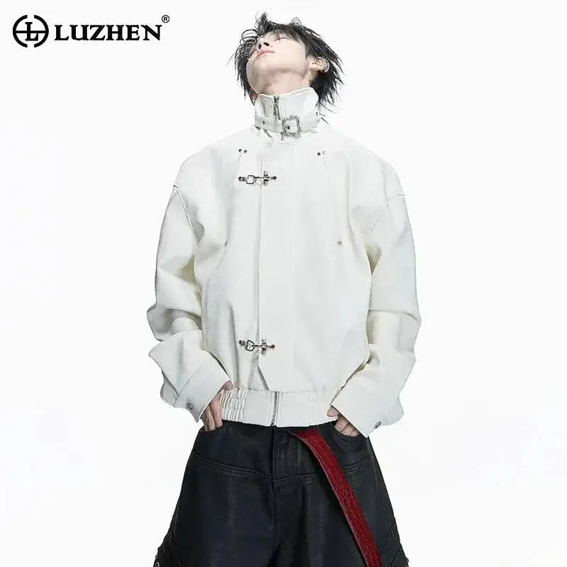LUZHEN 2026 New Metal Buckle Placket Patchwork Design Stand Neck Leather Jacket Men's Fashion Handsome Solid Color Coat JY6577