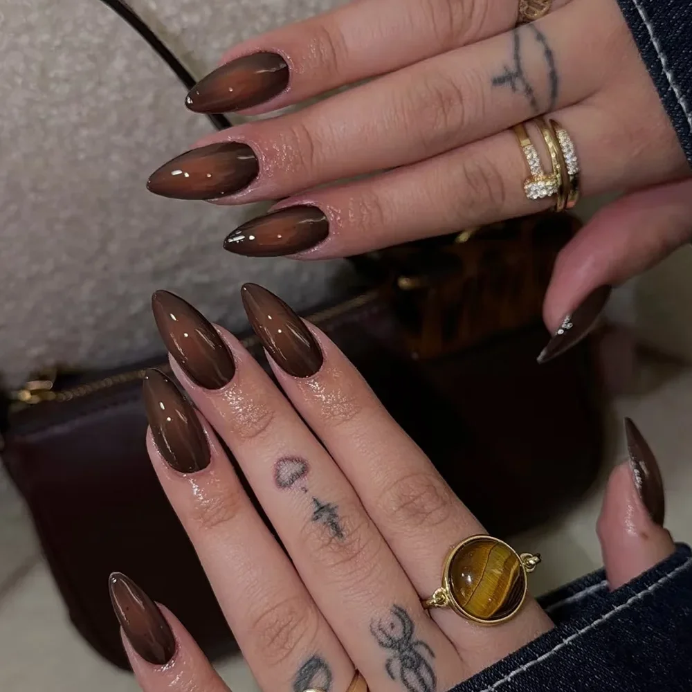 

Amber Brown Cat Eye Press On Nails, Almond Fake Nails, Glossy Removable Elegant False Nail Tips