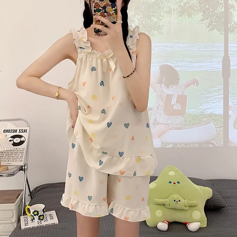 Summer Ladies Pajamas Korean Girls Two-Piece Set of Sling Pajamas Loungewear Female Summer with Corset Bow Ins Style Loungewear