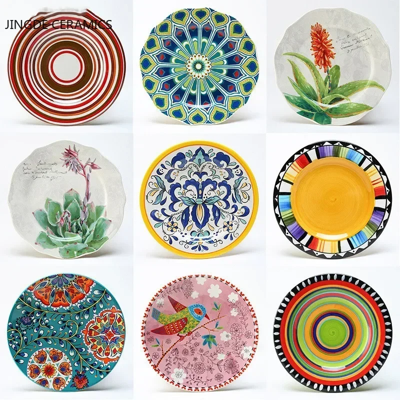 8 Inch Round Hand-painted Flower Ceramic Plate Fruit Salad Plate Dessert Steak Cuisine Kitchen Storage Decorative Tableware 1pc