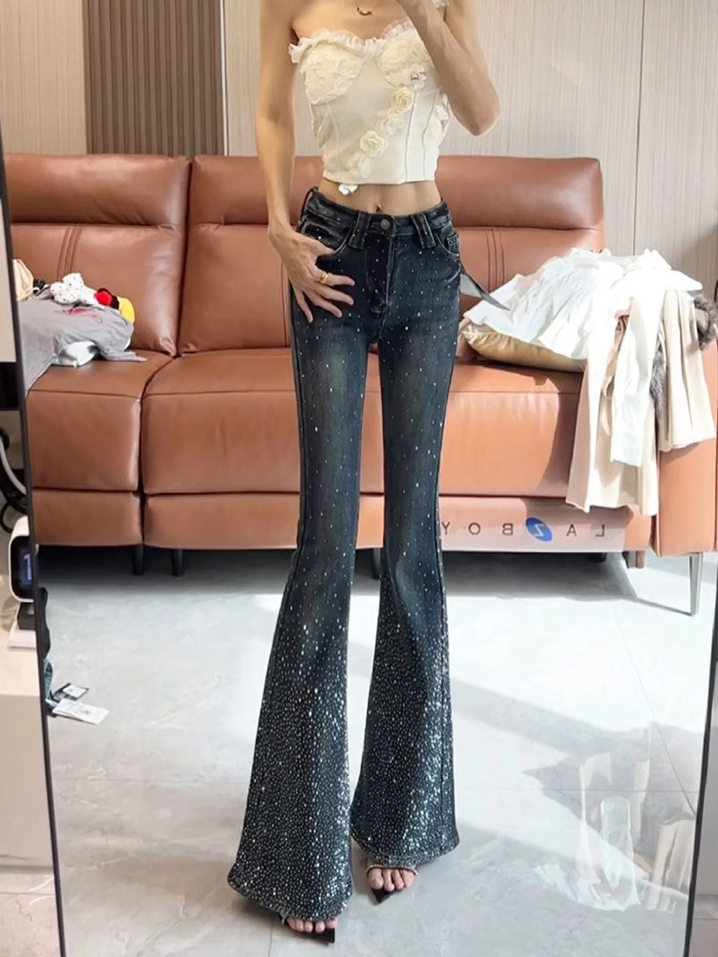 American High Street Design Sparkling Rhinestone Splicing Denim Pants Women's Fashionable Bell Bottoms Glittering Micro Flares