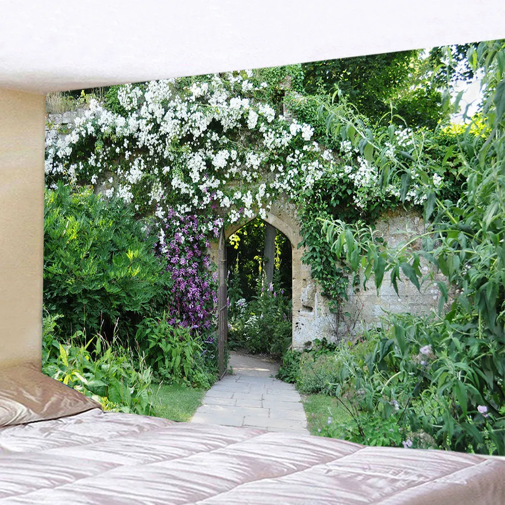 봄 꽃 나무 울타리 태피스트리 자연 핑크 장미 식물 꽃 벽 걸이식 정원 창 자연 풍경 천, 홈 장식