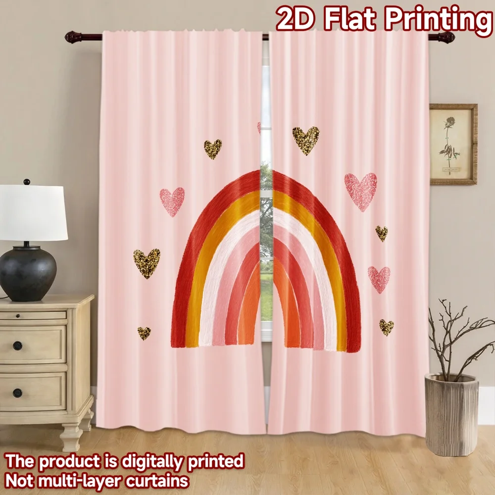 2pcs Boho Rainbow Curtains Pink Glitter Hearts Window Drapes Cute Nursery Girls Bedroom Living Room Decor
