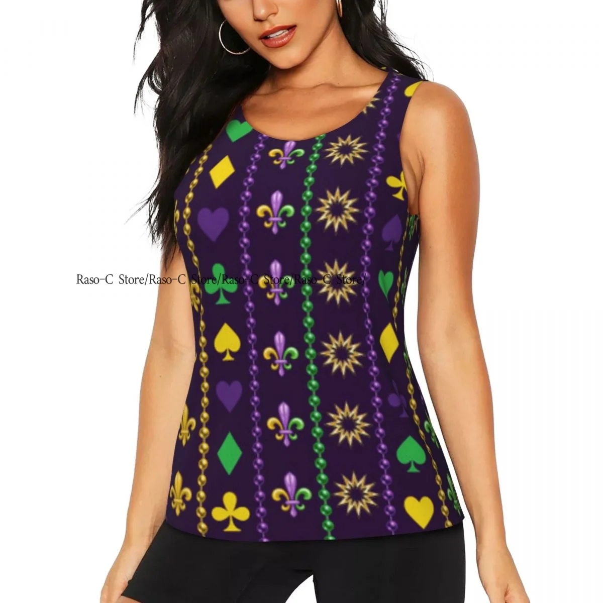 Women Sexy Vest Mardi Gras Pattern Sleeveless Round Neck Tank Tops Female Casual Basic Camisole