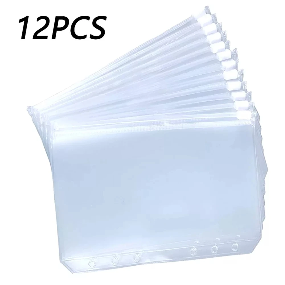 

12PCS Convenient Clear PVC A5 A6 A7 Binder Pockets Clear Zipper Folders For 6-Ring Notebook Binder Files Reports Binder