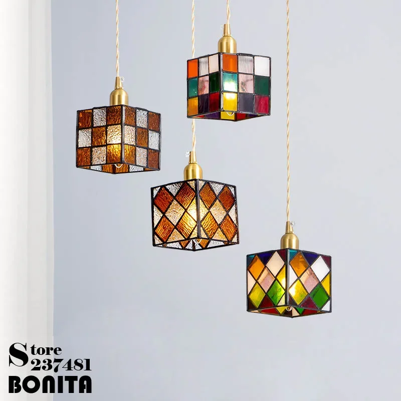 Retro Mediterranean/Southeast Asian style Rubik's Cube Cord Pendant Light All Copper Colored Hand-Painted Glass Pendant Lamp