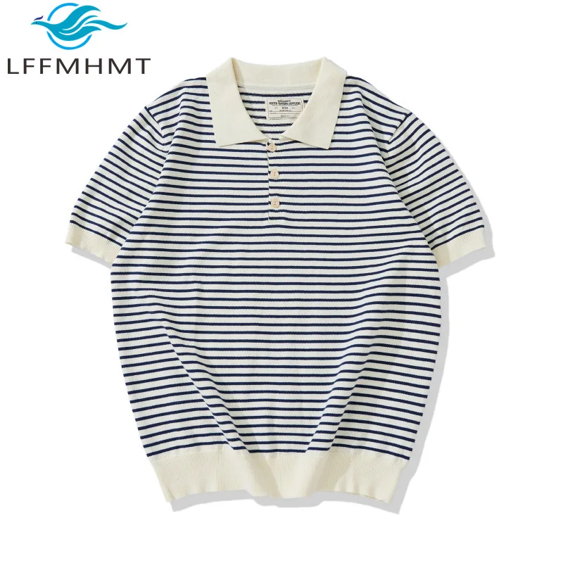 

French Style Loose Casual Striped Polo Shirt for Men Good Quality Navy Style Thick Knitting Short Sleeve Pullover T-shirt Male