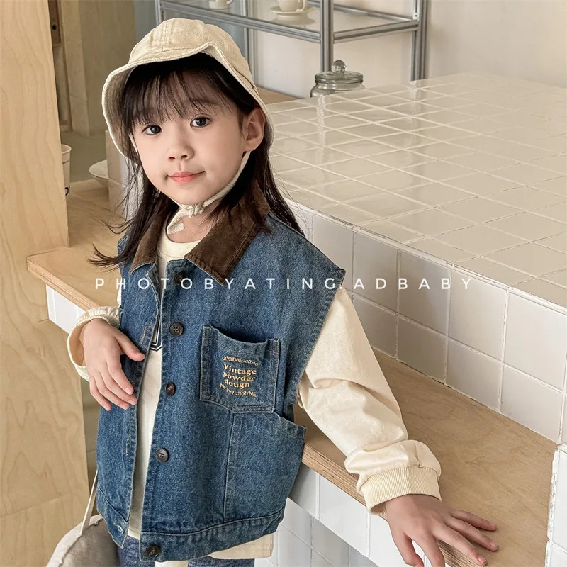 Autumn New Children Denim Vest Boys Fashion Lapel Sleeveless Jacket Toddler Girls Letter Cardigan Coat Kids Clothes