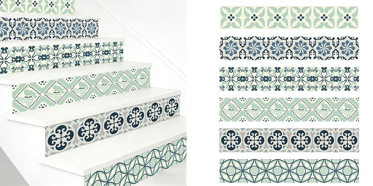 Mint Green Moroccan Tile Stair Riser Sticker Waterproof Removable Peel and Stick Decal for Staircase Step Aesthetics Decor