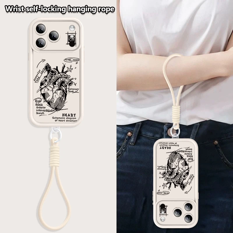 Creative Heart Model Pattern Lanyard Phone Case For iPhone 17 Pro Max 16 14 15 17 12 13 Pro Max Air 16e 11 TPU Wrist Strap Cover view 6