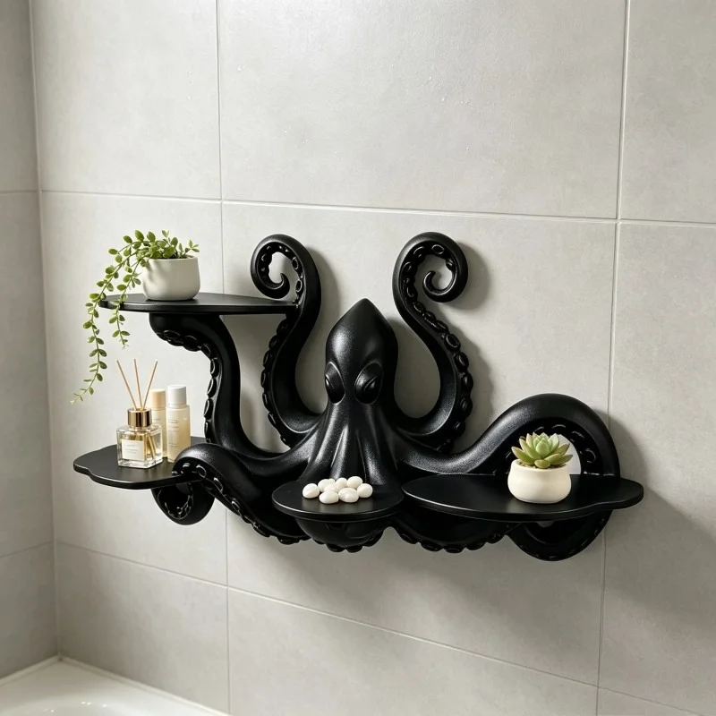 Octopus Wall Shelf 3D Printed Floating Shelves Mini Plant Stand Black Pot Holder  Goth Ocean/Sea  Decoration 3 Tier