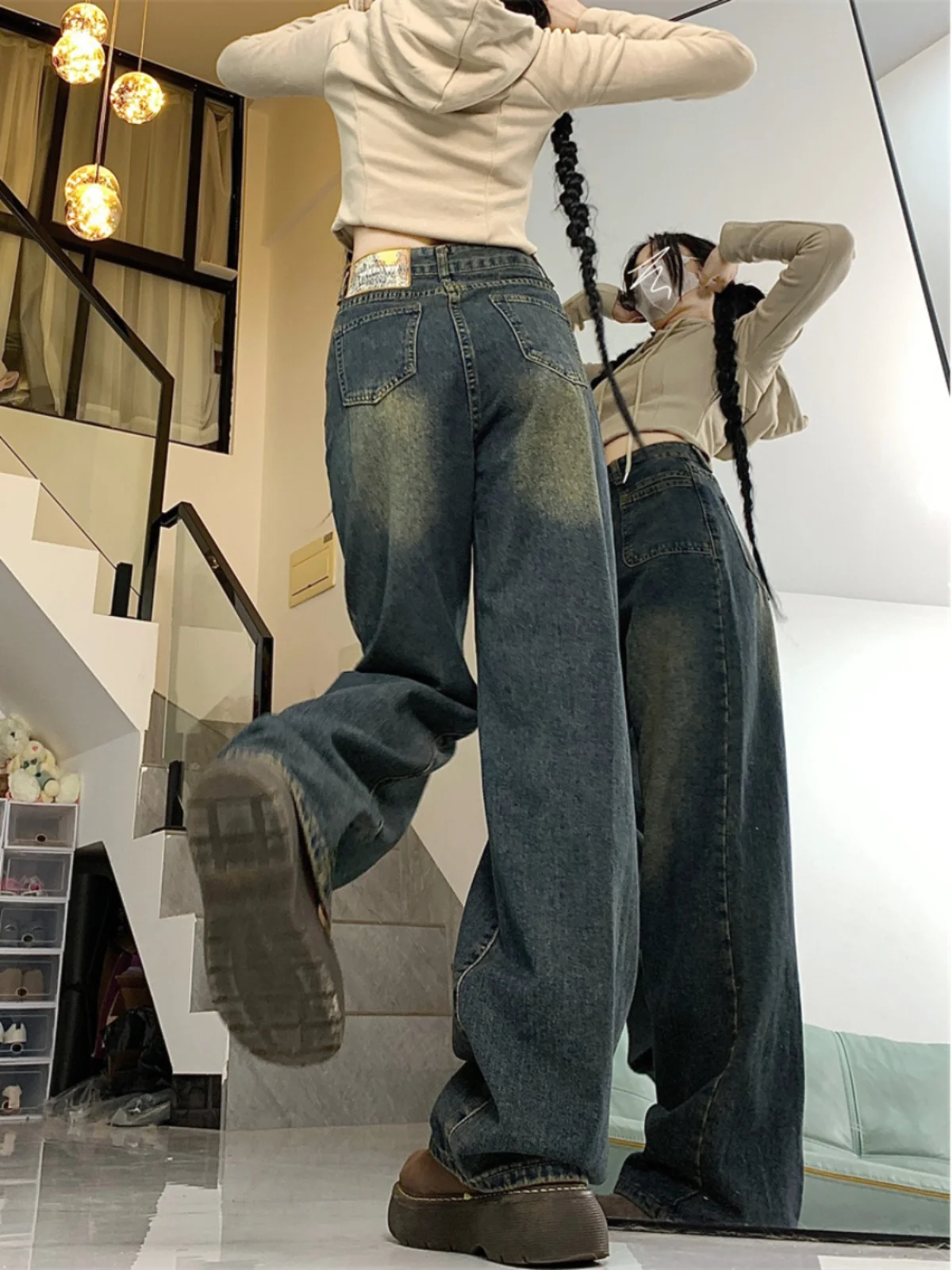 ハイウエストワイドレッグセメントデニムジーンズレディースアメリカンスタイルプラスサイズゆったりスリムストレートカットパンツ