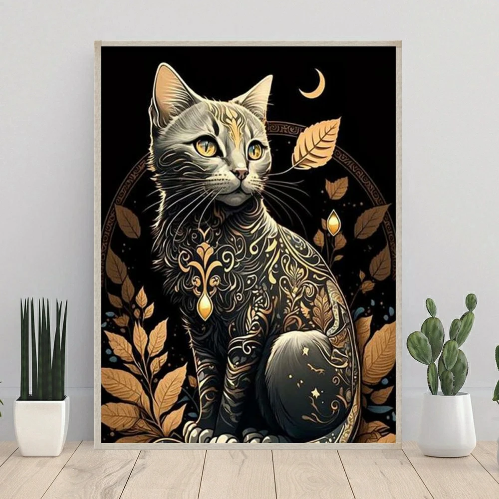 DIY Diamond Painting with Rhinestones, Mosaic Art, Cross Stitch, Black Golden Cat, Moon, Flowers, Embroidery, Home Decor, Gift