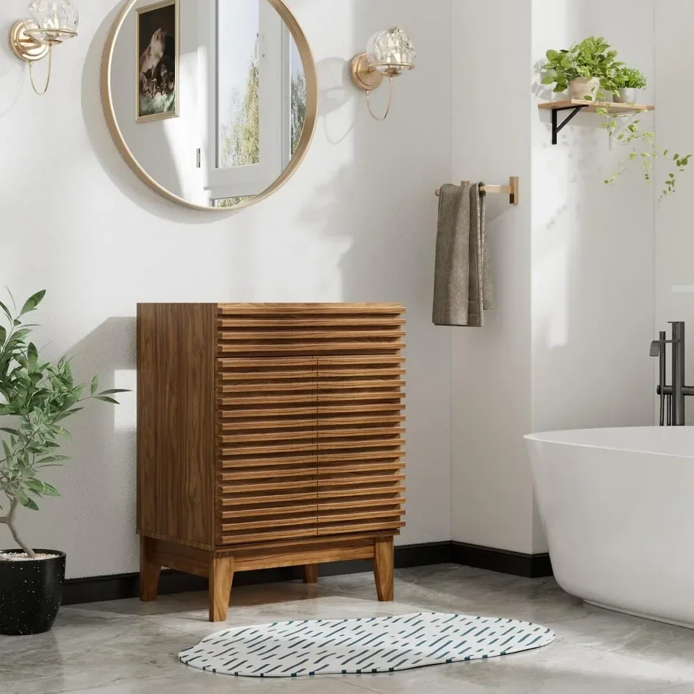 24 Inch Bathroom Vanity with Storage Space, Particleboard Frame with Wood Grain Laminated Board, Walnut Wood (excluding Sink)