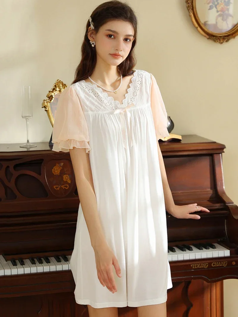 

Women Ladies Fairy Ruffles Lace Silk Princess Nightgown Summer French Sweet Vintage Princess Short Sleeve Nightwear Sleepwear
