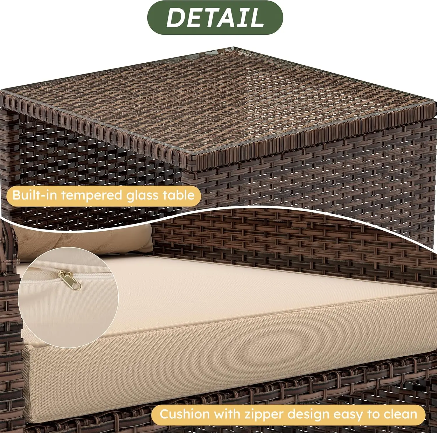 5-delige buitenterrasset met stoelen, poef en salontafel met kussens – beige en bruin