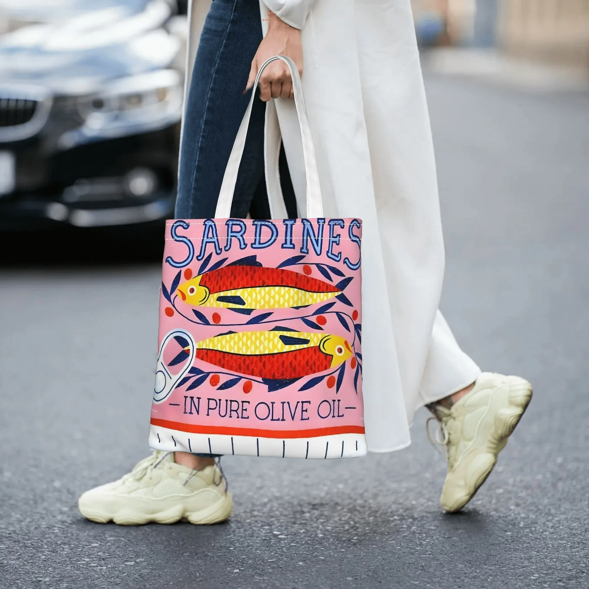 Sardines in Pure Olive Oil Design Daily Shopping Shoulder Bag Colorful Fish Print Durable Fabric Yellow Stripes Women Tote Bag