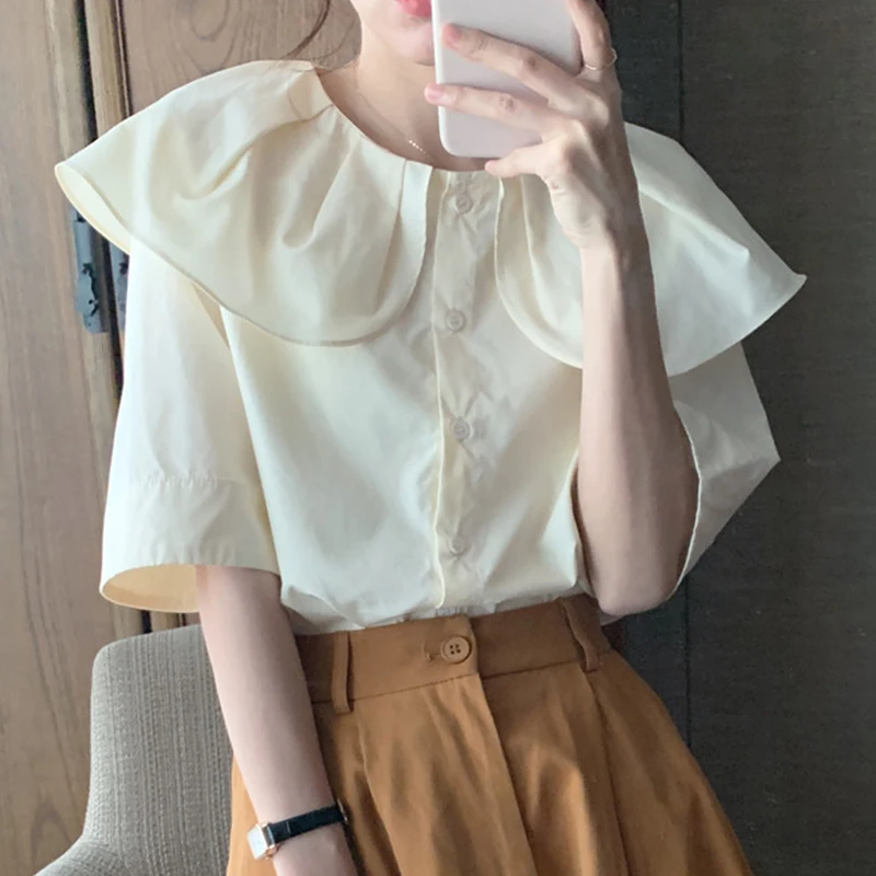 

Chic Summer Casual Doll Collar Pleated Design Loose Single Button ort Sve irt Versatile Loose Fit Five-Quarter Sve