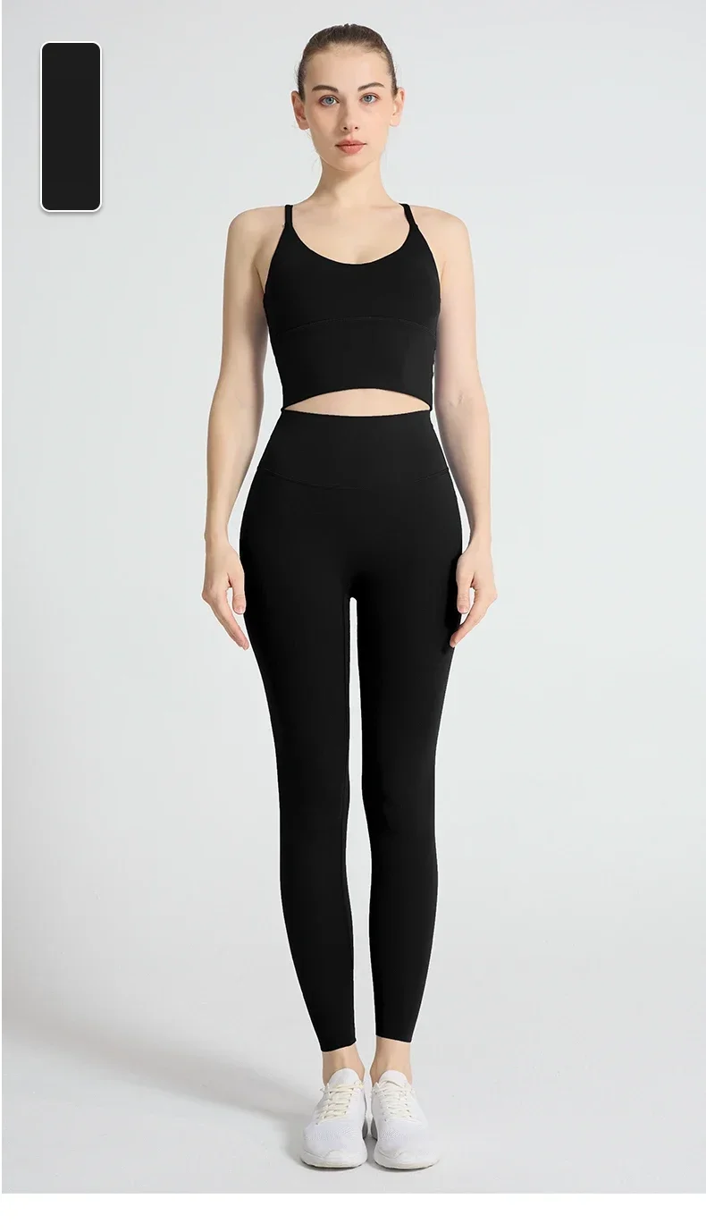 Einfarbige Weiche Damen-Sportanzüge mit Rückenkreuzdesign, Stoßfestes Sport-Top, Hochelastische Fitness-Leggings, Lauf- und Yoga-Sportsets – Detail 22