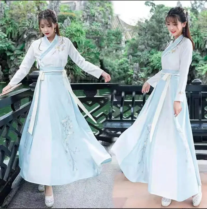 2023 chinesische Hanfu weibliche fee Kostüm Erwachsene Student Ming Tang Han Frauen stil Mädchen stickerei Sarong Täglichen Kragen Anzug Set