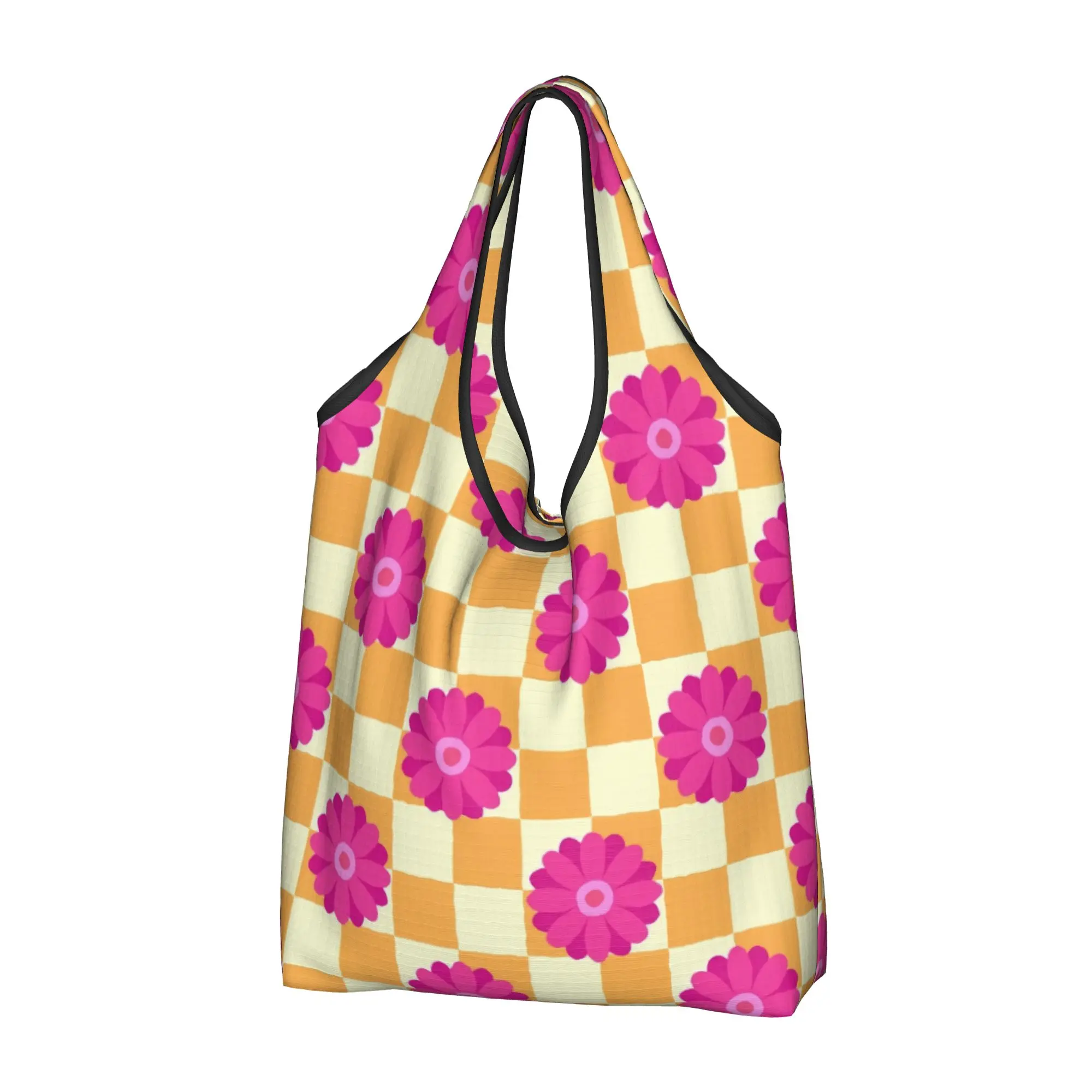 Bolsa de compras reutilizable con diseño de girasol, margarita y mostaza, bolsa de mano para mujer, bolsas de compras portátiles con diseño de tablero de ajedrez y flores rosas