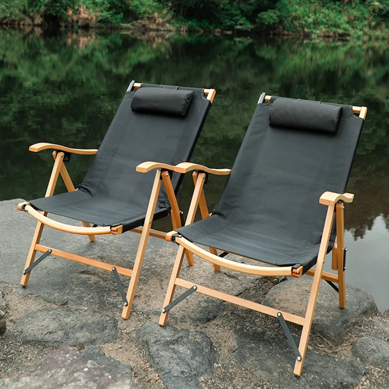 Outdoor Folding Chair Portable Leisure Solid Wood Recliner Camping Beach with Pillow Outdoor Furniture