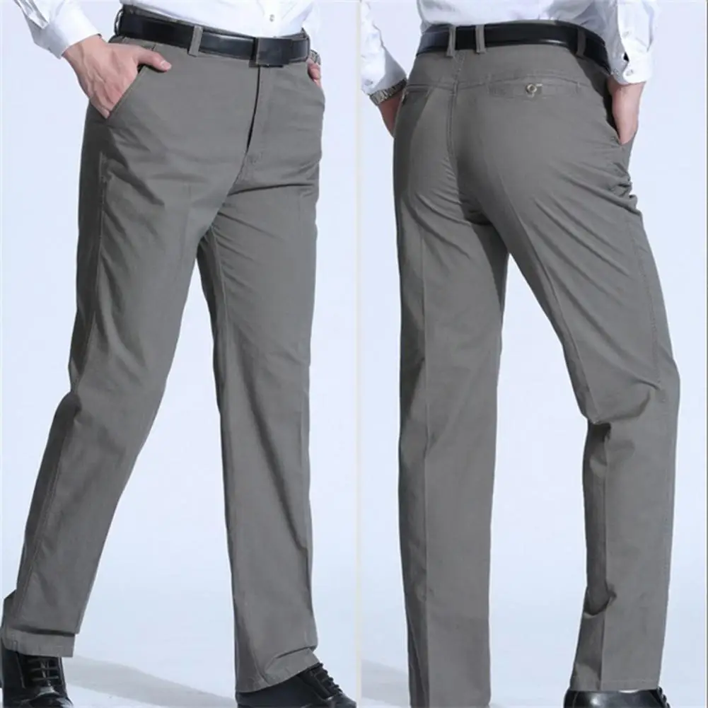 Formal Middle-aged Men Trousers Solid Color High Waist Spring Summer Stretchy Full Length Pants for Business Office Work Daily