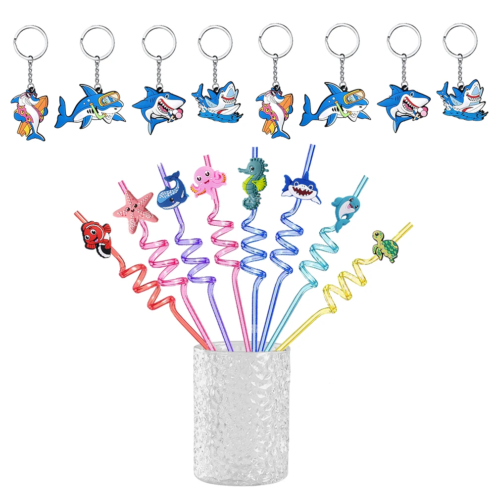 6pcs shark keychains Ocean Animals Straws shark straws Kids Birthday Straws ocean Animals Shark Birthday Party decoration favors