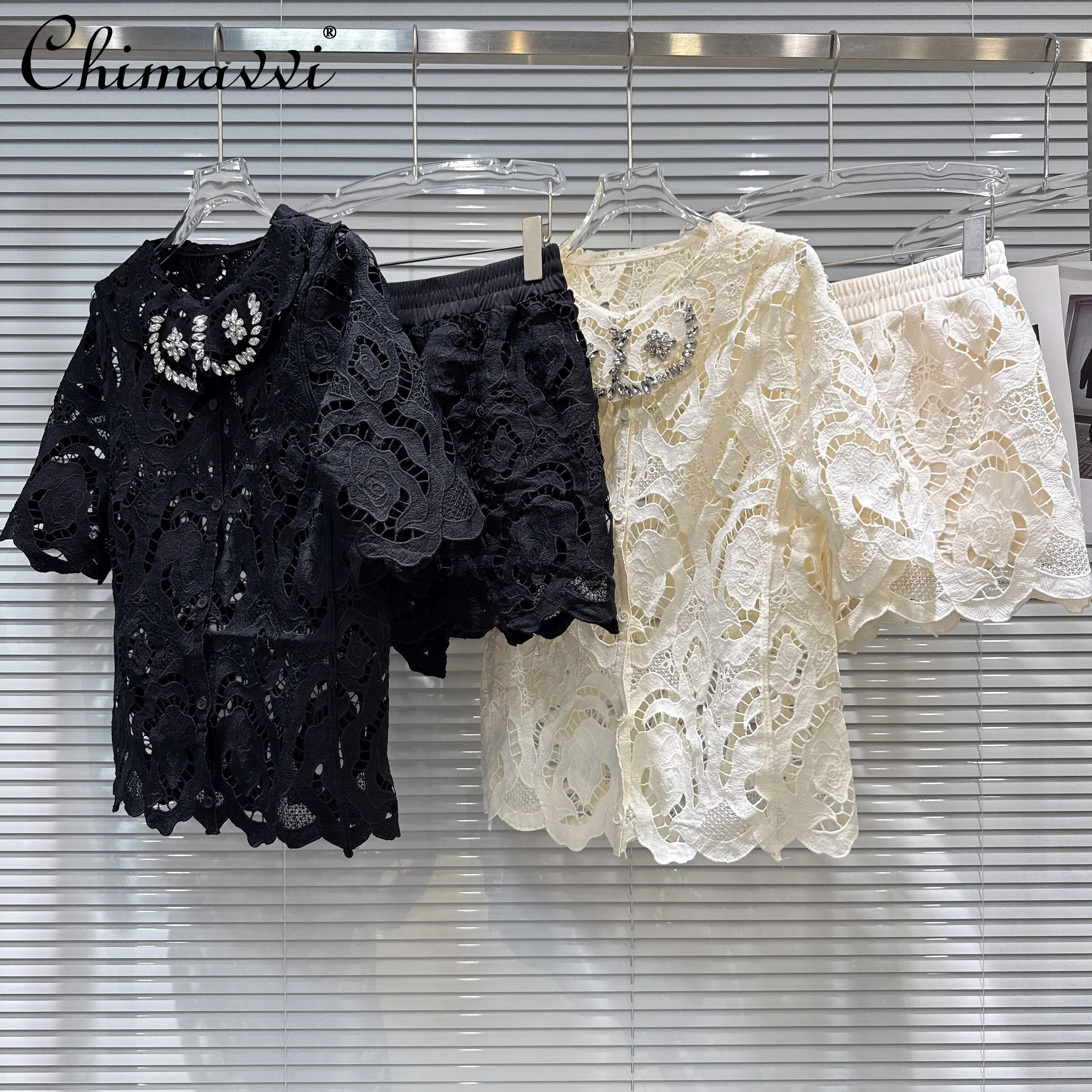 2026 Summer French Elegant Socialite Diamond Hollow Lace O-neck Short Sleeve Shirt High Waist Slim Shorts Two-piece Suit Women