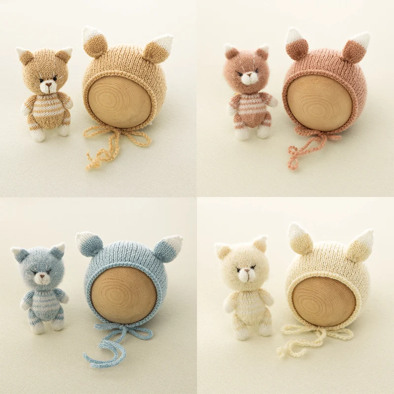 Knitted Baby Hat Bear Toys Newborn Photography Props Sheep Ears Hat Handmade Knit Cartoon Doll 0-1 Months Baby Photo Accessories