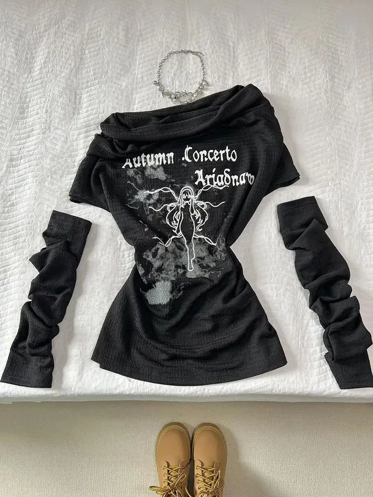Y2k Crop Tops American Vintage Long Sleeve T-shirt Punk Gothic Rock Black Lace Tops for Women Harajuku Goth Grunge Summer Tees