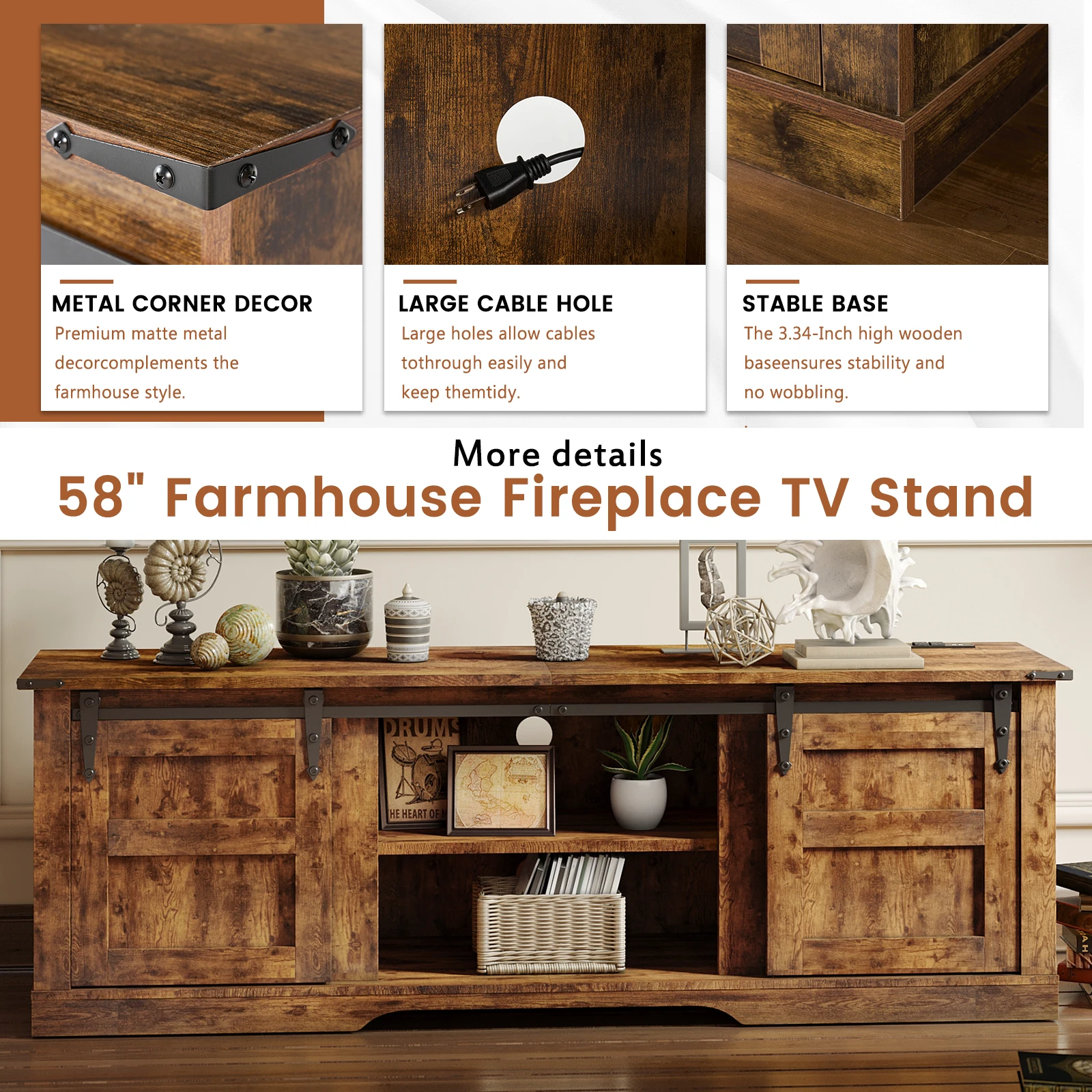 65” TV Entertainment Center with Storage Cabinets and Sliding Barn Doors, Rustic Media TV Console Table for Living Room image 4