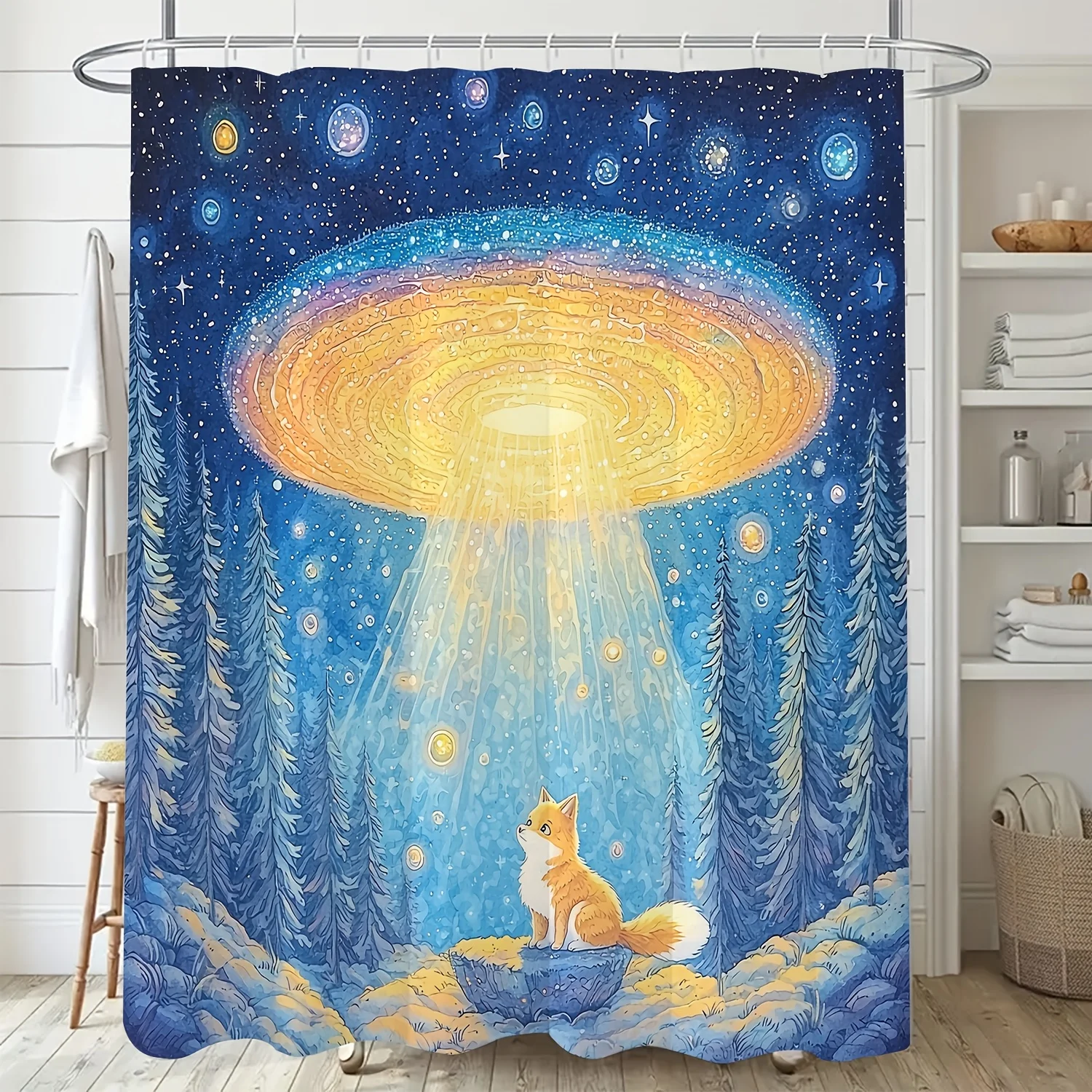 

1 шт. Занавеска для душа с художественным принтом НЛО и лисы — полиэстер, можно стирать в машине, дизайн ночного неба ярких цветов, идеально подходит