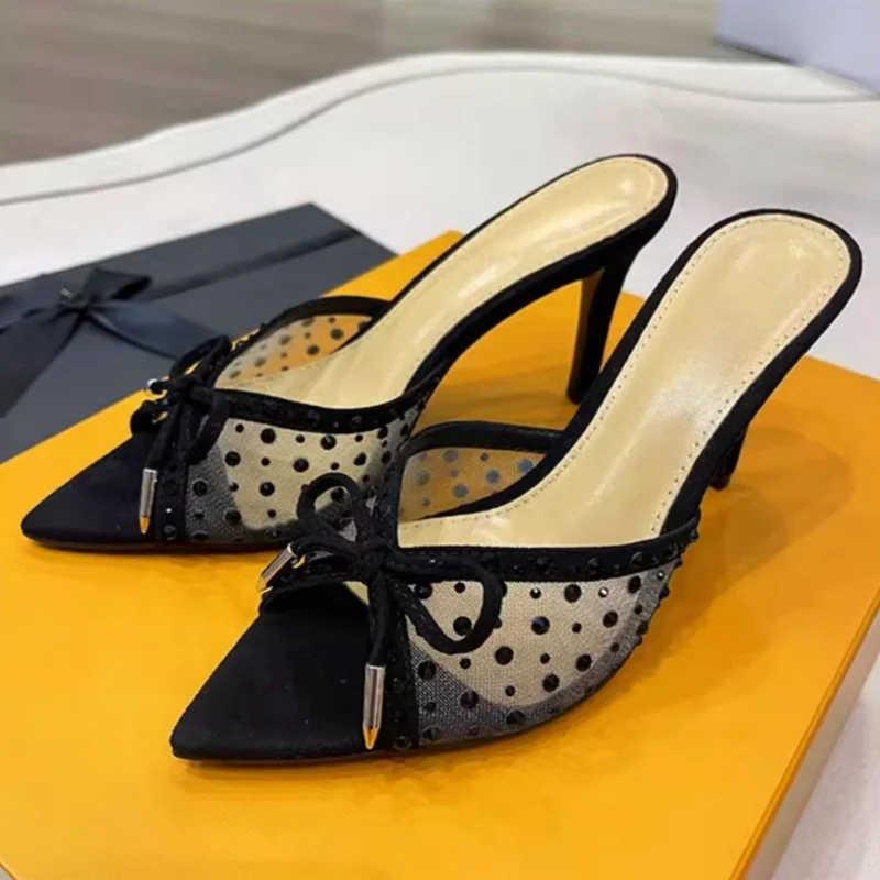 

New Pointed Open Breathable High Heel Women Fine Heel Mesh Lined Diamond Sandals Women Sexy Butterfly-Knot Design Women Stiletto