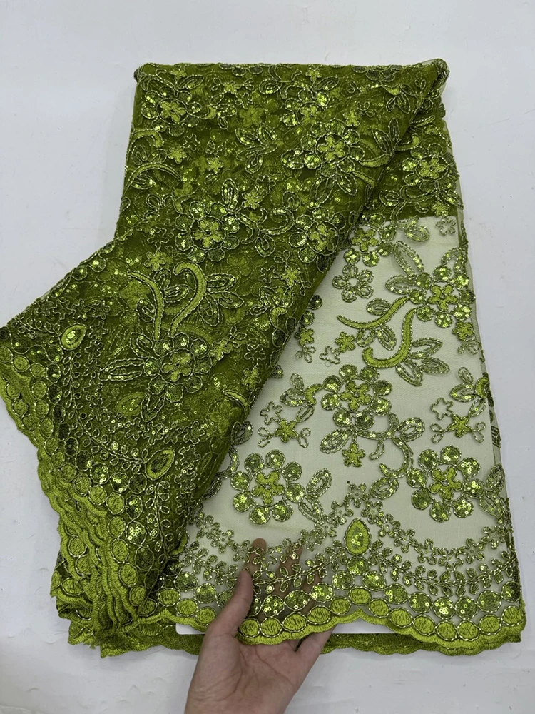 High Quality African Lace Fabric 2026 Green French Net Sequins Fabric Sewing Embroidered Lace Tulle Nigerian Lace Fabric 5Yards