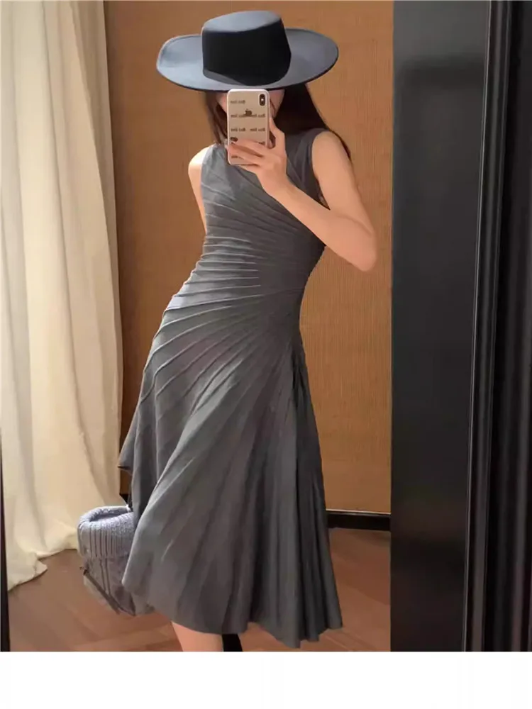 

French Elegant Work Women Pleated Irregular Midi Long Dress 2026 New Half High Neck Sleeveless Grey Black Knitted Party Dress