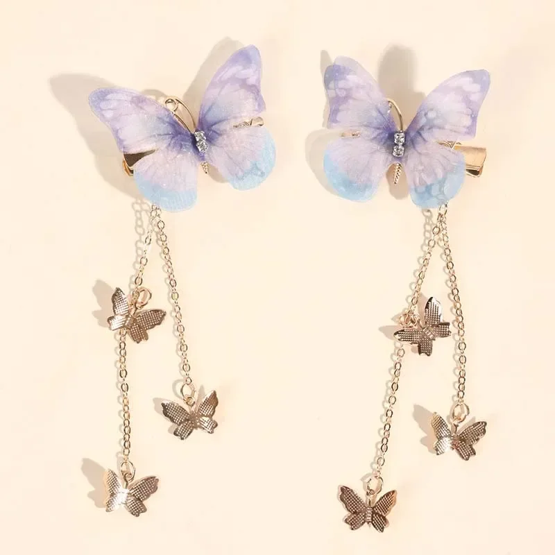 ncmama 2Pcs/set New Butterfly Hairpins for Women Girls Korean Yarn Elegant Metal Tassel Long Hair Clips Party Hair Accessories