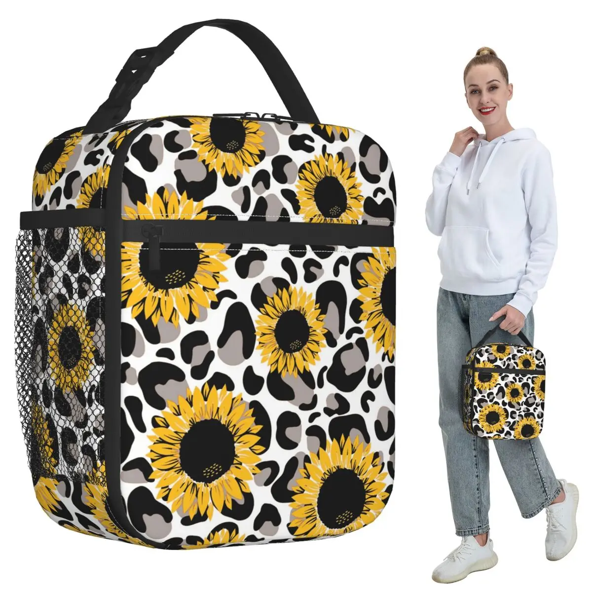 Leopard Sunflower Pattern Insulated Lunch Bag for Kids School Cooler Thermal Food Box Tote Leakproof Lunch Boxes Container