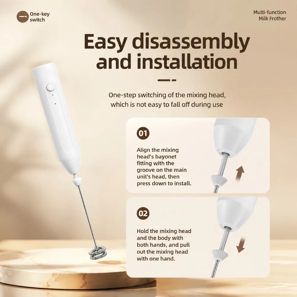 Electric Coffee Frother 2 In 1 Rechargeable Type-C Blender Stainless Steel 3 Speeds Milk Mixer Egg Beater Handheld Foam Maker