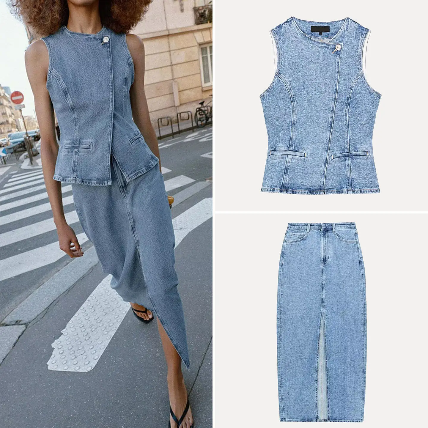 

Женский повседневный модный комплект из двух предметов: джинсовый жилет без рукавов с круглым вырезом и двубортной застежкой, а также юбка миди с разрезом. Коллекция Весна 2026.